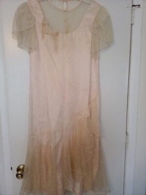 #ad Vintage Lace And Pearl Blush Color Drop Waist Dress JCPenney Size 7 8