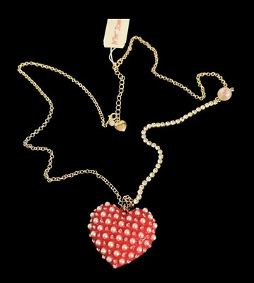 #ad New Betsey Johnson XOXO Pearly Red Heart Long Crystal Gold Tone Necklace