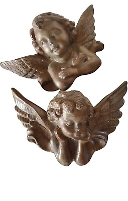 #ad Angel Wall Hanging Gold Bronze Color Figurine Set Of 2 Width 9quot; Height 5quot;
