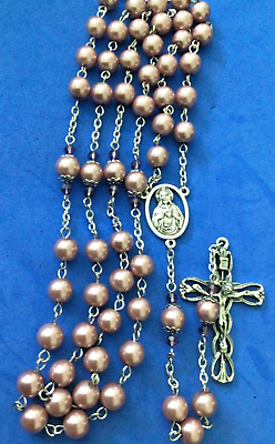 #ad Sacred Heart 5 Decade Rosary 8mm Saint Mauve Pearl Purple Glass Handmade