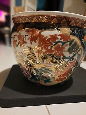 #ad Chinese Koi Satsuma Large Planter Fish Bowl With Stand Birds Flowers In Relief