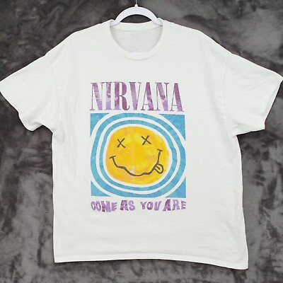 #ad Nirvana Come As You Are White Graphic Smiley Face T Shirt XL Crewneck Band