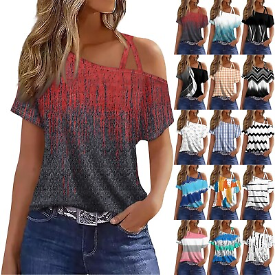 #ad Womens Tops Casual Print Sexy Cold Shoulder Short Sleeve T shirts Blouses Tees
