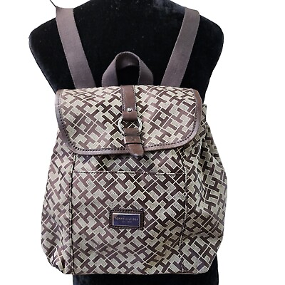 #ad #ad Tommy Hilfiger Backpack Style Handbag Brown Beige Dual Straps Monogram Pockets
