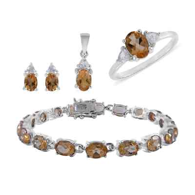 #ad 925 Silver Natural Citrine Ring Bracelet Earrings Pendant Set Size 8 Ct 16.7