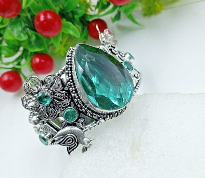 #ad Emerald Topaz Gemstone 925 sterling Silver Jewelry Cuff Bracelet