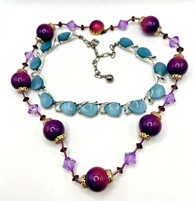 #ad Vintage 1960s Purple Lucite Gold Tone Blue Lucite Silver Tone Necklace Lot 2X