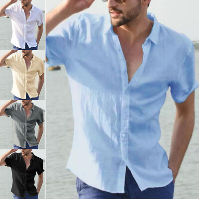 #ad Men Short Sleeve Solid Tee Shirt Slim Fit Button Down Casual Beach Formal Tops Ḿ
