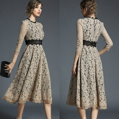 #ad Lady Midi Swing Dress Lace Long Sleeve High Waist Hollow Business Workwear Dress