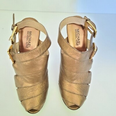 #ad Michael Kors Gold Leather Strappy Heels Size 8.5