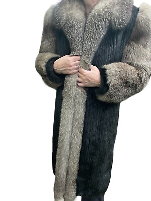 #ad Black Mink and Silver Fox Trim Fur Coat Size M Black Mink Cuffs Pockets