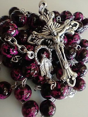 #ad Catholic 8mm bead Pink Purple Glass Rosary Silver Tone Crucifix
