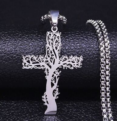Tree Of Life Cross Pendant Necklace Stainless Steel Men Silver Christian Jesus $11.88