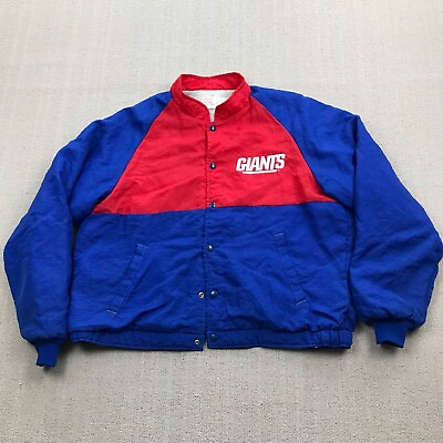 #ad VINTAGE New York Giants Jacket Mens Large Blue Red Quilt Lined Snap Bomber 80s
