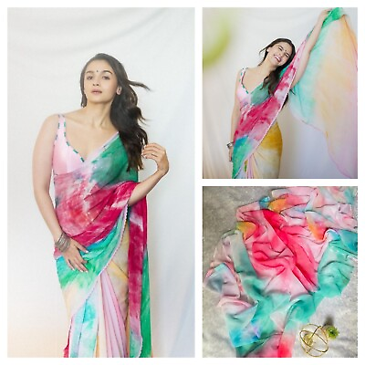 #ad New Colorful Alia Sari Bollywood Soft Light Weight Georgette Saree Multlicolored