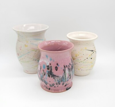 #ad Rare 3pc Lot Vintage Signed Cottagecore Studio Art Pottery Splatter Vases