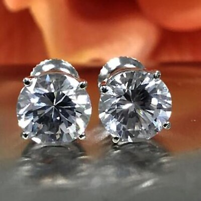 #ad 8mm Moissanite Round Cut 4 Prong Solitaire Stud Earrings in 925 Sterling Silver