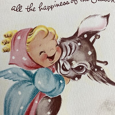 #ad Vintage Mid Century Christmas Greeting Card Cute Girl Hugging Deer Reindeer