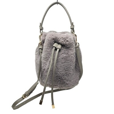 #ad Street Level Faux Fur Grey Drawstring Bucket Bag Small Arm Handbag Crossbody Bag