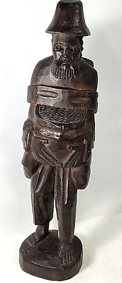 #ad VTG Traveling Hobo Man Hat Wooden Carving Art Sculpture Hand Carved Wood Figure