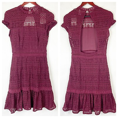 #ad FOXIEDOX Burgundy Wine Lace Keyhole Back Stretch Ruffle Dress Women#x27;s Size S NEW