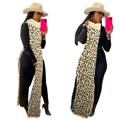#ad NEW Stylish Women Sleeveless Crew Neck Leopard Print Slit Club Party Long Dress