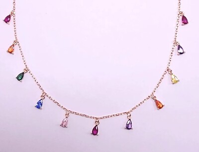 #ad Gold Plated Rainbow Chain 925 Sterling Silver Gemstone Necklace Cubic Zirconia