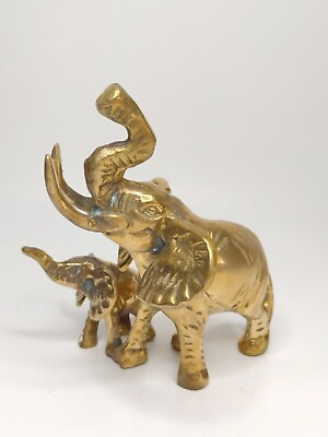 #ad Vintage Brass Elephant amp; Baby Elephant Paperweight Figurine Made In Korea