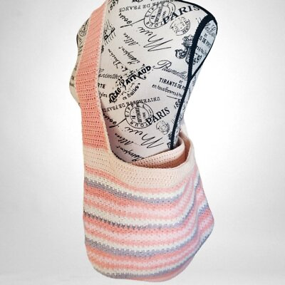#ad Crocheted Coral Striped Tote Bag Beach Bag Cotton Acrylic Multi color
