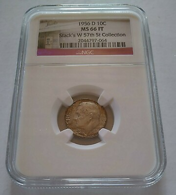 #ad 1956 D NGC MS 66 FT SILVER DIME RARE NGC STACK#x27;S W 57TH ST COLLECTION LABEL