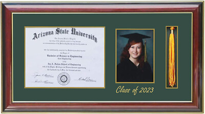 #ad DIPLOMA TASSEL 5X7 PICTURE FRAME MAHOGANY GOLD GREEN CUSTOMIZABLE H