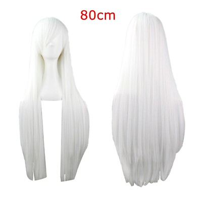 #ad 80cm White Long Straight Hair，Side Bangs Full Hair Wigs，Cosplay Party Anime Wigs