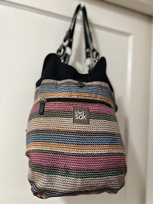 #ad The Sak Black Leather Bag Bucket bag Crochet Hobo Purse Reversible Option