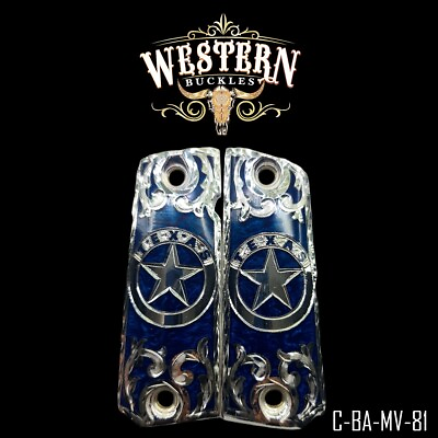 #ad Grips 1911 Full Size Cachas 38 Colt Texas Blue Resin and Silver Plated Screws