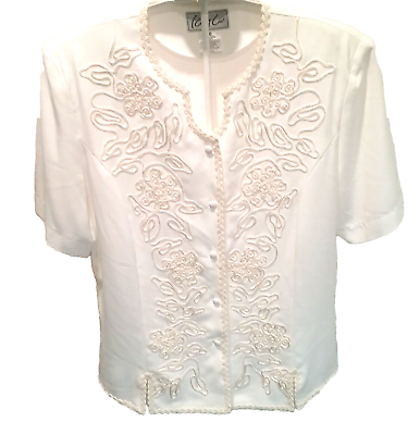 #ad Kathy Che Blouse Size 10 White Lace Pearl Accent Sheer Short Sleeve 80s Vintage