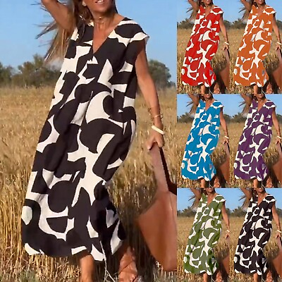 #ad Womens Summer Casual Boho Floral Dresses V Neck Short Sleeve Flowy Swing A Line