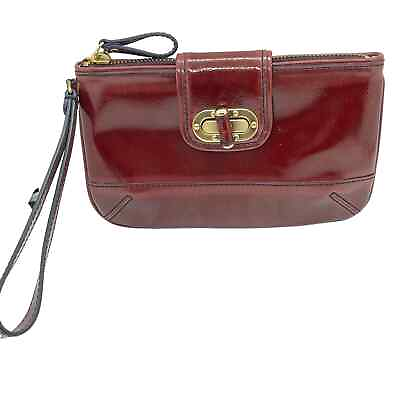 #ad ANN TAYLOR Purse Wristlet Clutch Case Maroon Patent Gold tone Turnlock Zippered