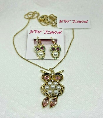 #ad Betsey Johnson Owl Pendant Slider Necklace and Earrings