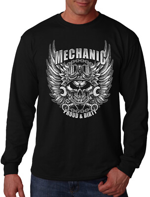 #ad Men#x27;s Mechanic Proud amp; Dirty Black Long Sleeve T Shirt Auto Shop Skull Biker Ram