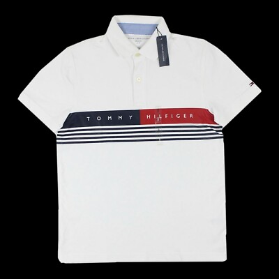 #ad Tommy Hilfiger Men#x27;s Classic Signature Stripe Polo Shirt White 78J9653 100