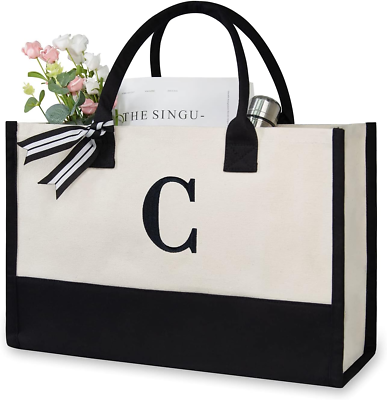 #ad Personalized Initial Canvas Beach Bag Monogrammed Gift Tote Bag for Women