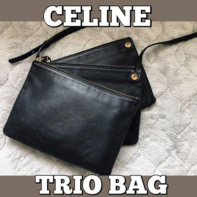 #ad CELINE TRIO Shoulderbag CrossBody Bag Pouch Black. Large Leather Authentic