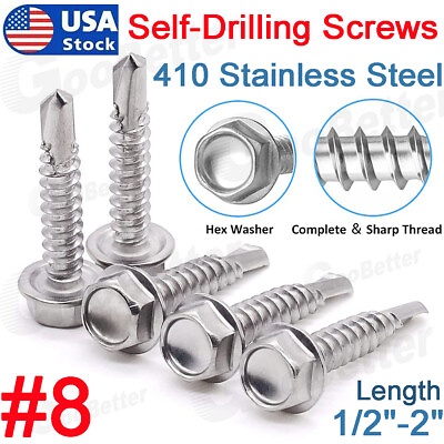#ad #8 UNC Hex Washer Head Self Drilling Sheet Metal Tek Screws 410 Stainless Steel