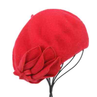 #ad 100 Wool Beret Caps for Women Red French Hat Female Vintage Solid Bowknot Winter