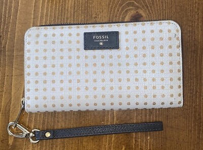 #ad FOSSIL Zippered Wristlet Clutch Wallet SL6695 White amp; Gold polka Dot