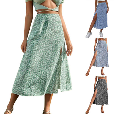 #ad Womens Boho Floral Long Maxi Skirt Ladies High Waist Beach Split A Line Dress US