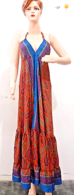 #ad SILK Dress Long Indigo Evening Indian Festival One Size Fairy Vintage Summer