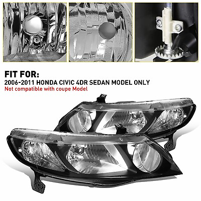 #ad Black Housing Clear Lens Headlight Lamps For 2006 2011 Honda Civic 4dr Sedan
