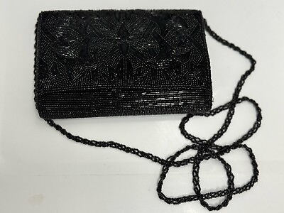 #ad Black Beaded Formal Evening Bag Small Rectangle Crossbody Purse Beaded Strap
