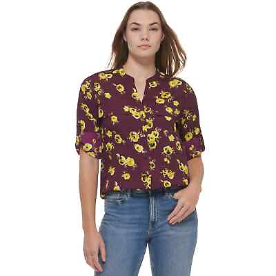 #ad $70 NEW Calvin Klein Women#x27;s Printed Roll Tab Blouse Floral Small